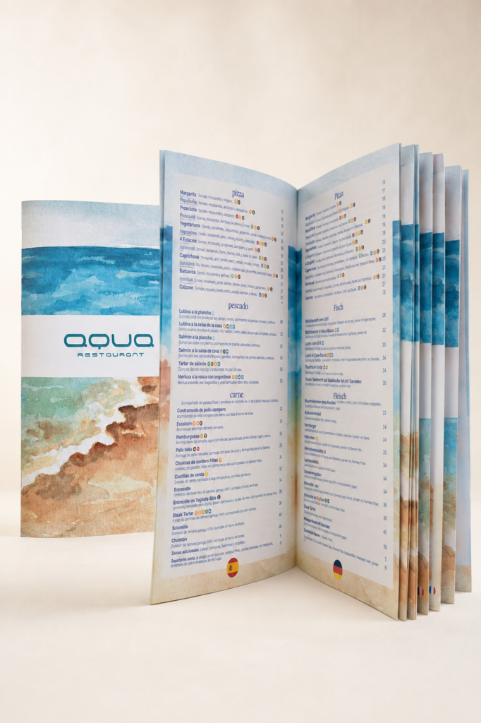 Carta de restaurante impresa y personalizada para Aqua